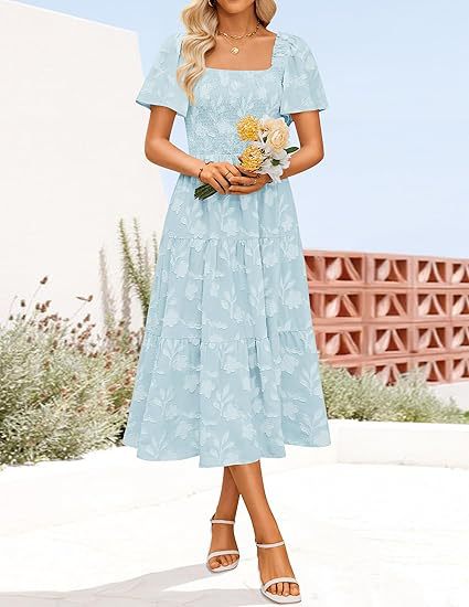 Damen Midi Kleid mit quadratischem Ausschnitt und Volantdetails Sovae