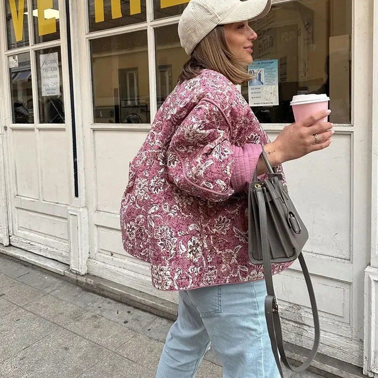 Damen Steppjacke mit floralem Muster und praktischen Taschen Sovae