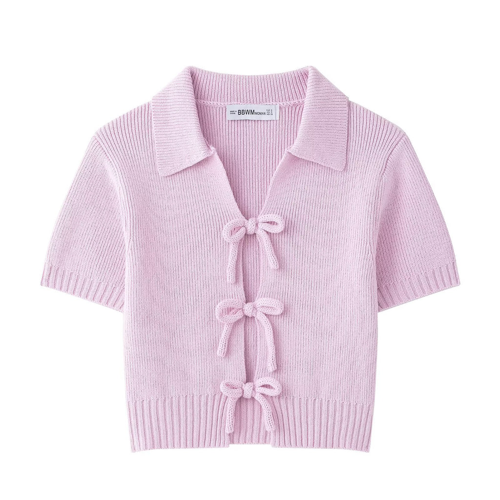 Damen modische Strickjacke mit kurzen Ärmeln und Schleifenverschluss Sovae