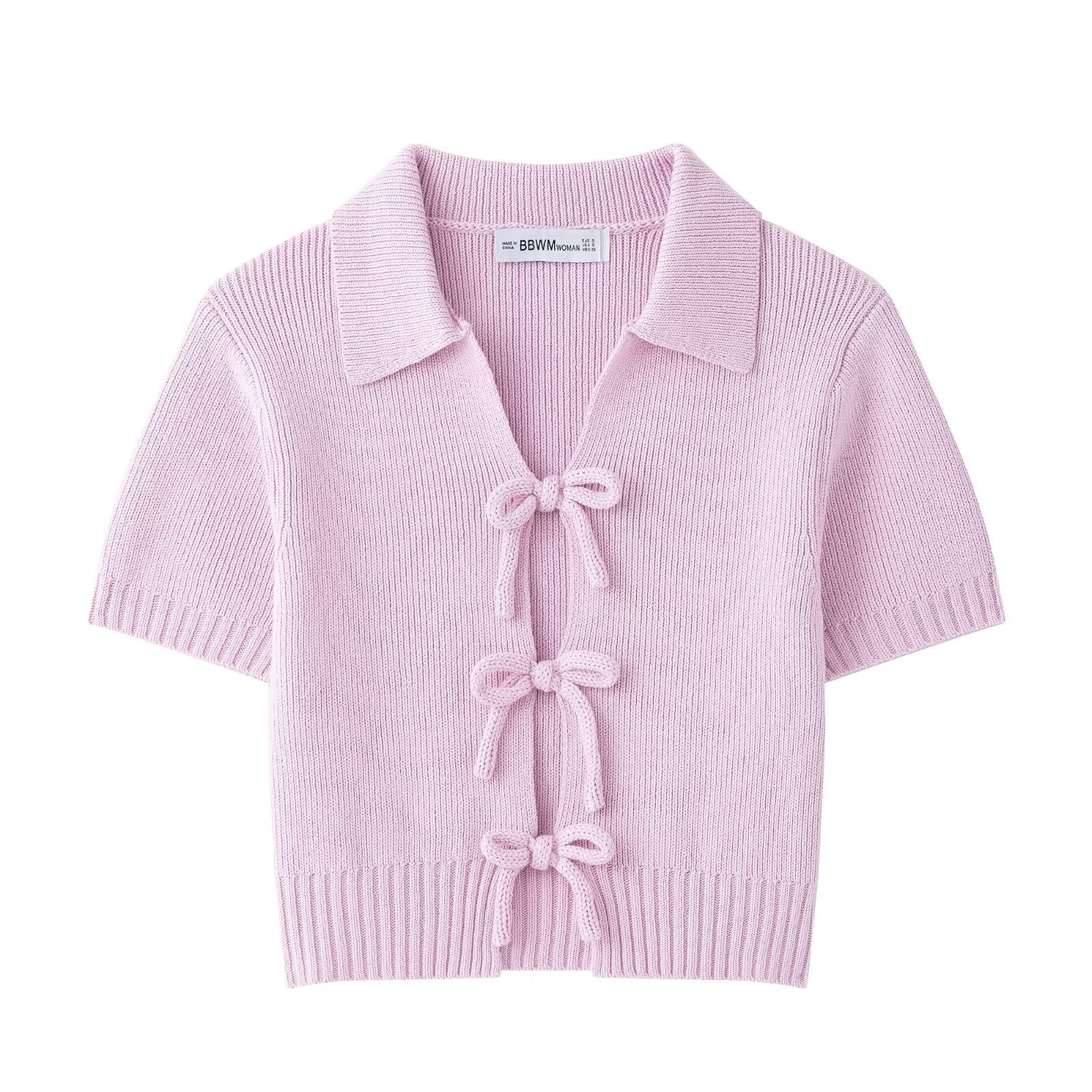 Damen modische Strickjacke mit kurzen Ärmeln und Schleifenverschluss Sovae