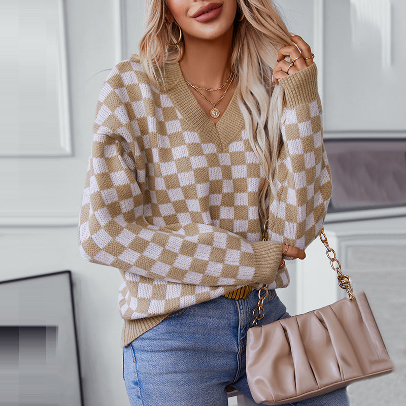 Damen lässiger V-Ausschnitt Pullover mit Karo-Muster und lockerer Passform Sovae