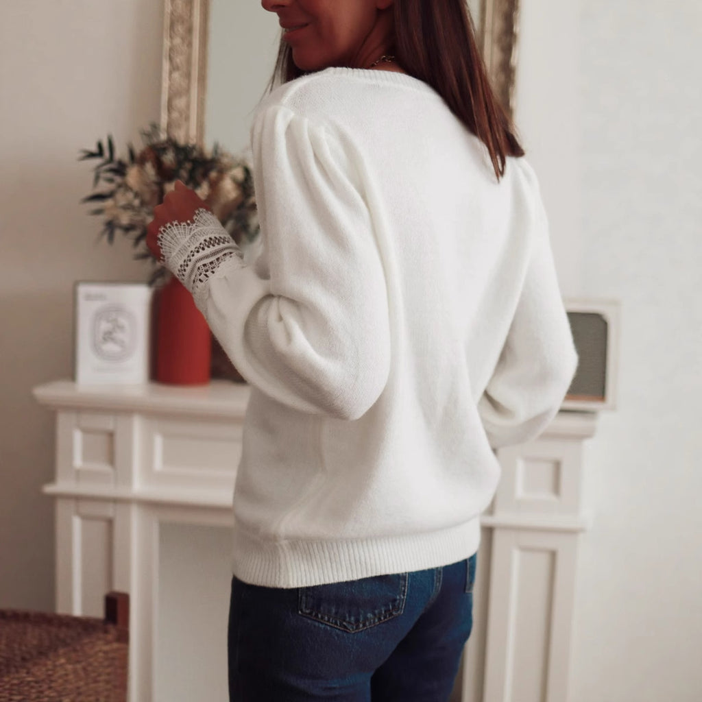 Damen Strickpullover mit Spitzenkragen und Puffärmeln Sovae