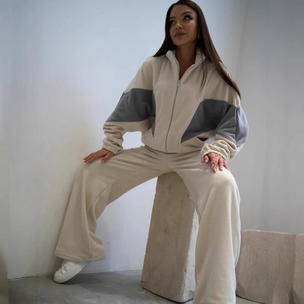 Damen sportliches Fleece-Set mit hochgeschlossenem Kragen und weiten Hosen Sovae