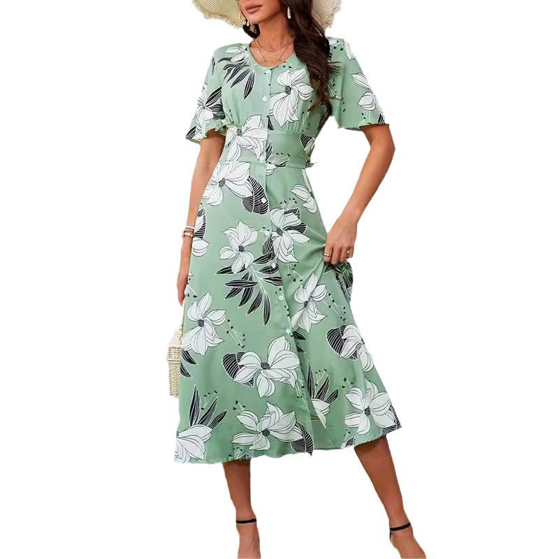 Damen Blümchen Kleid mit vorderem Knopf Sovae