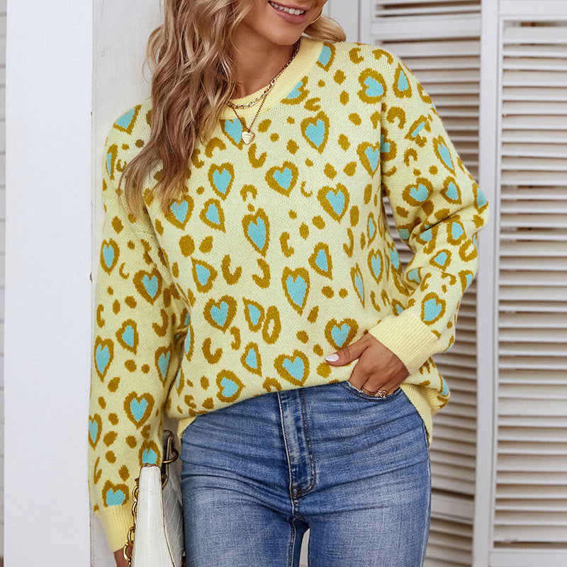 Damen verspielter Pullover mit Herz- und Leopardenmuster Sovae