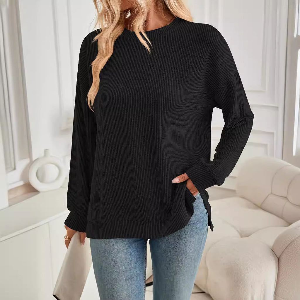 Damen lässiger Rippstrickpullover mit überschnittenen Schultern und Seitenschlitzen Sovae