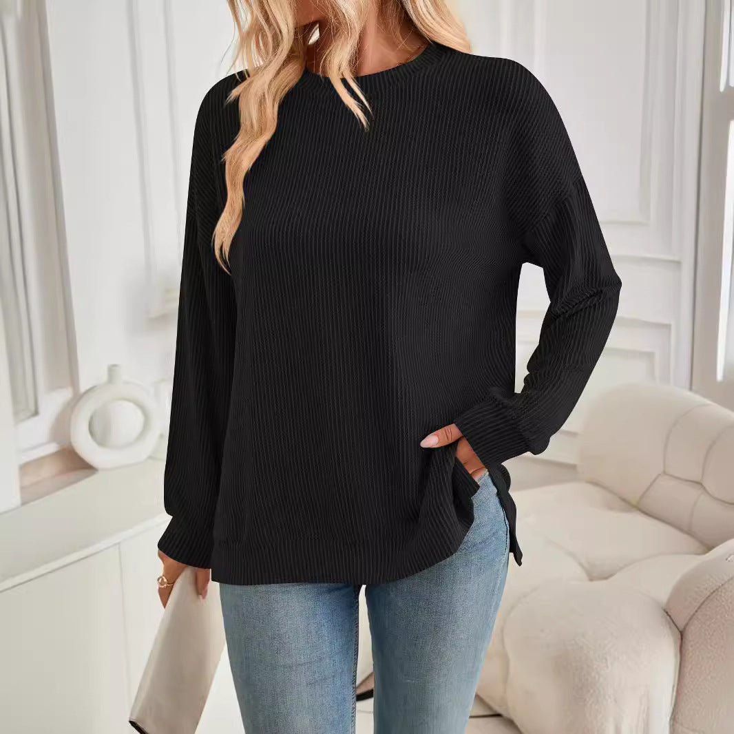 Damen lässiger Rippstrickpullover mit überschnittenen Schultern und Seitenschlitzen Sovae