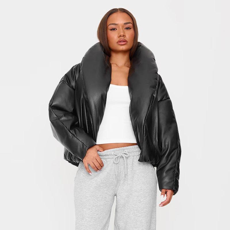 Damen Modische und lässige Kunstlederjacke mit oversized Kragen Sovae