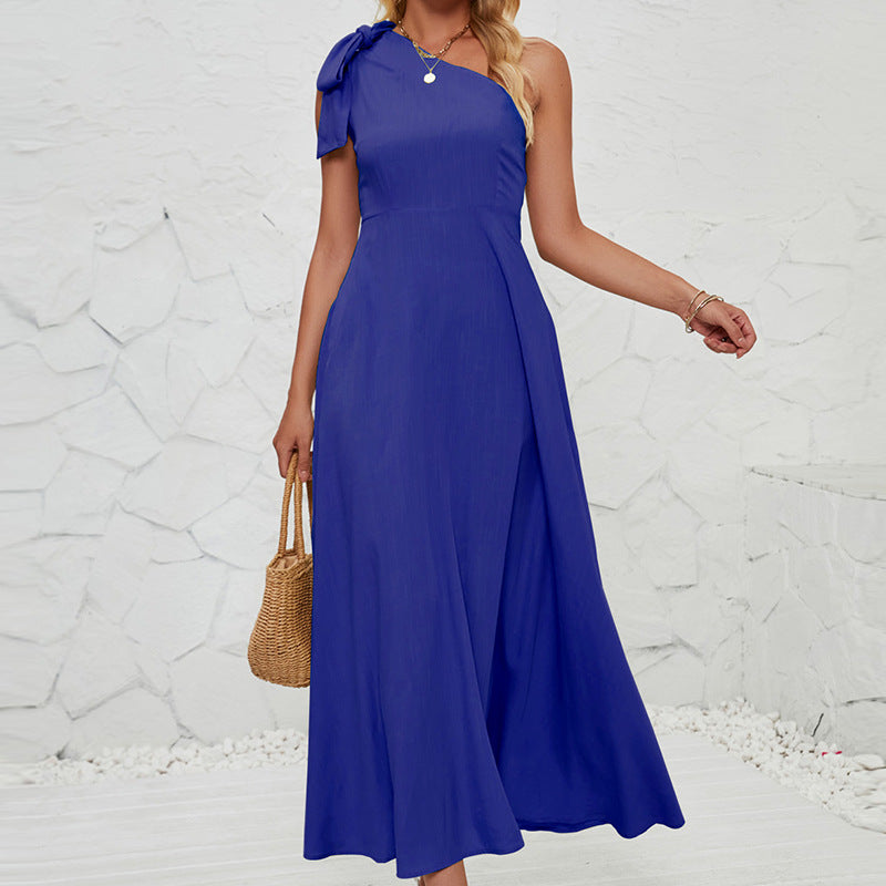 Damen elegantes Maxikleid mit asymmetrischem Träger und fließendem Rock Sovae