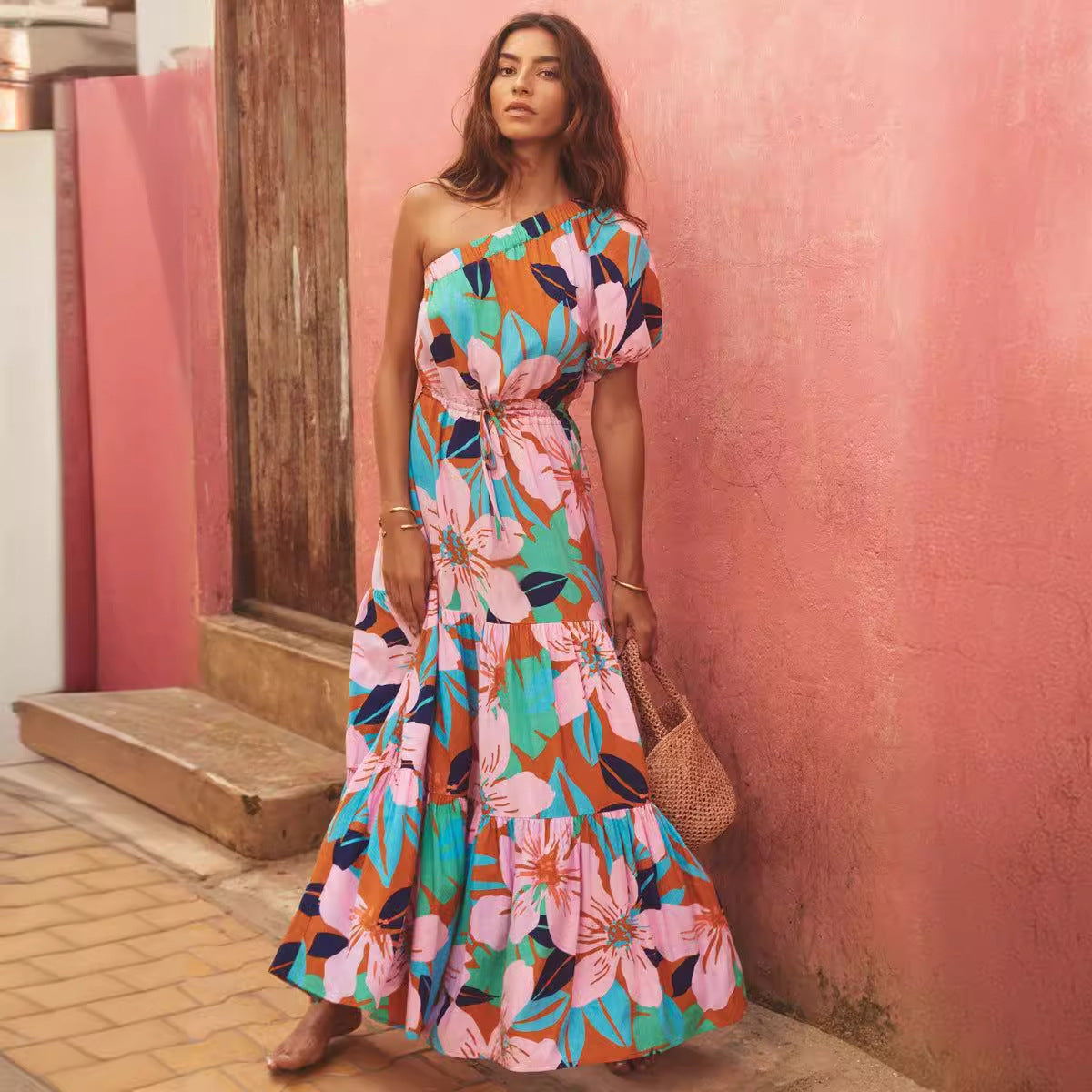 Damen Maxikleid mit asymmetrischem Träger und mehrlagigem Volant Sovae