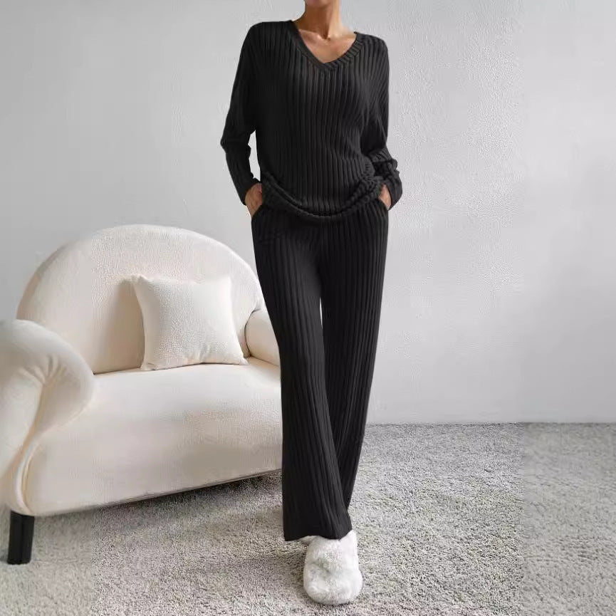Damen lässiges Strick-Lounge-Set mit V-Ausschnitt Sovae