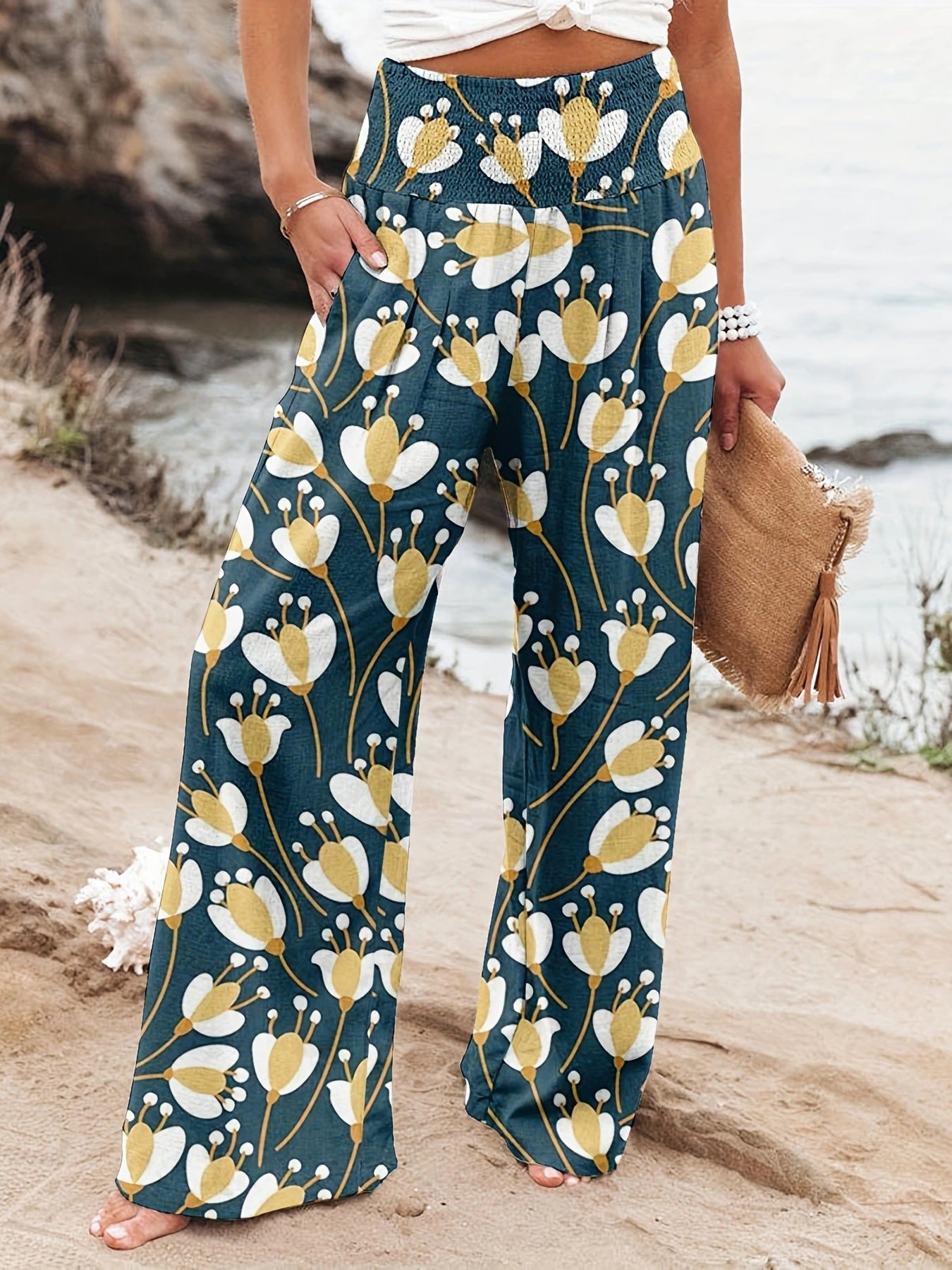 Damen Weit geschnittene Sommerhose mit floralem Print und elastischem Bund Sovae