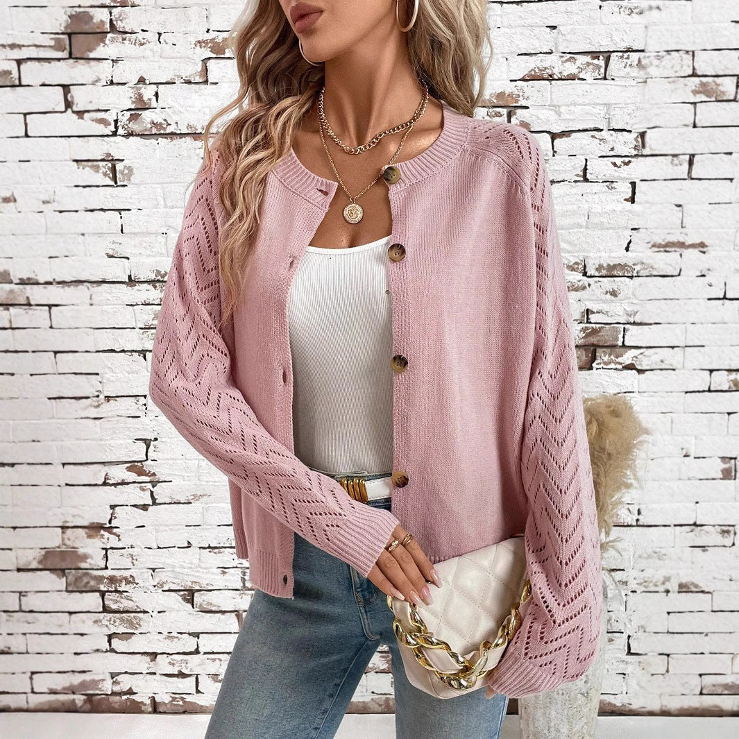 Damen feingestrickte Cardigan mit dekorativem Wellenmuster und Knopfleiste Sovae