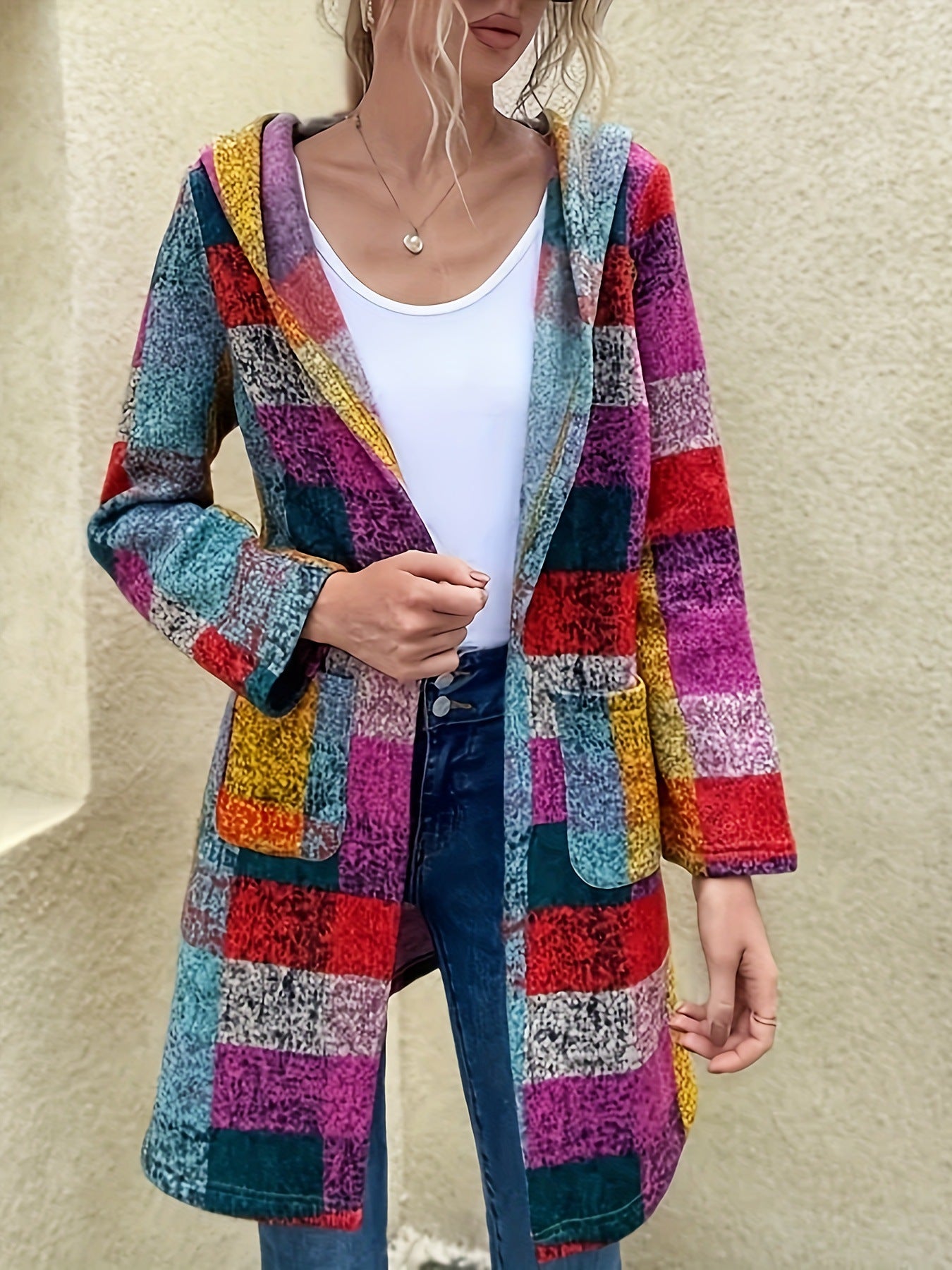Damen farbenfrohe Strickjacke mit Kapuze Sovae
