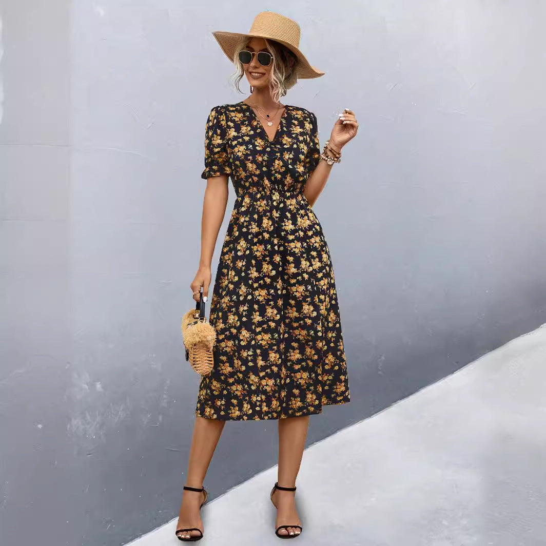 Damen midi Kleid mit floralen Mustern und seitlichem Schlitz Sovae