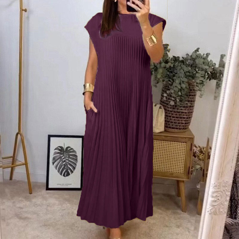 Damen Plissee Maxikleid mit praktischem Taschen und elegantem Schnitt Sovae