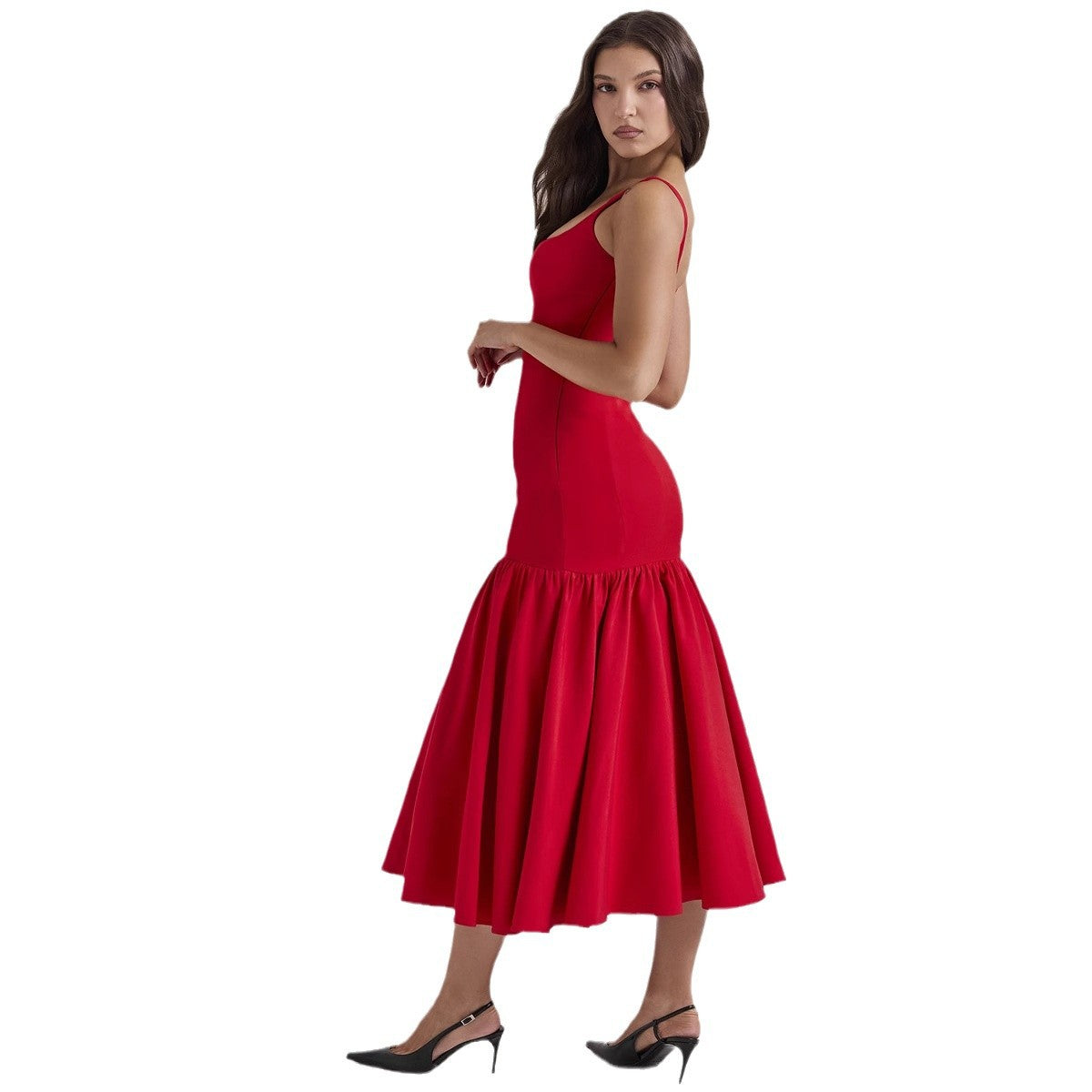 Damen figurbetontes Maxikleid mit voluminösem Rüschensaum Sovae