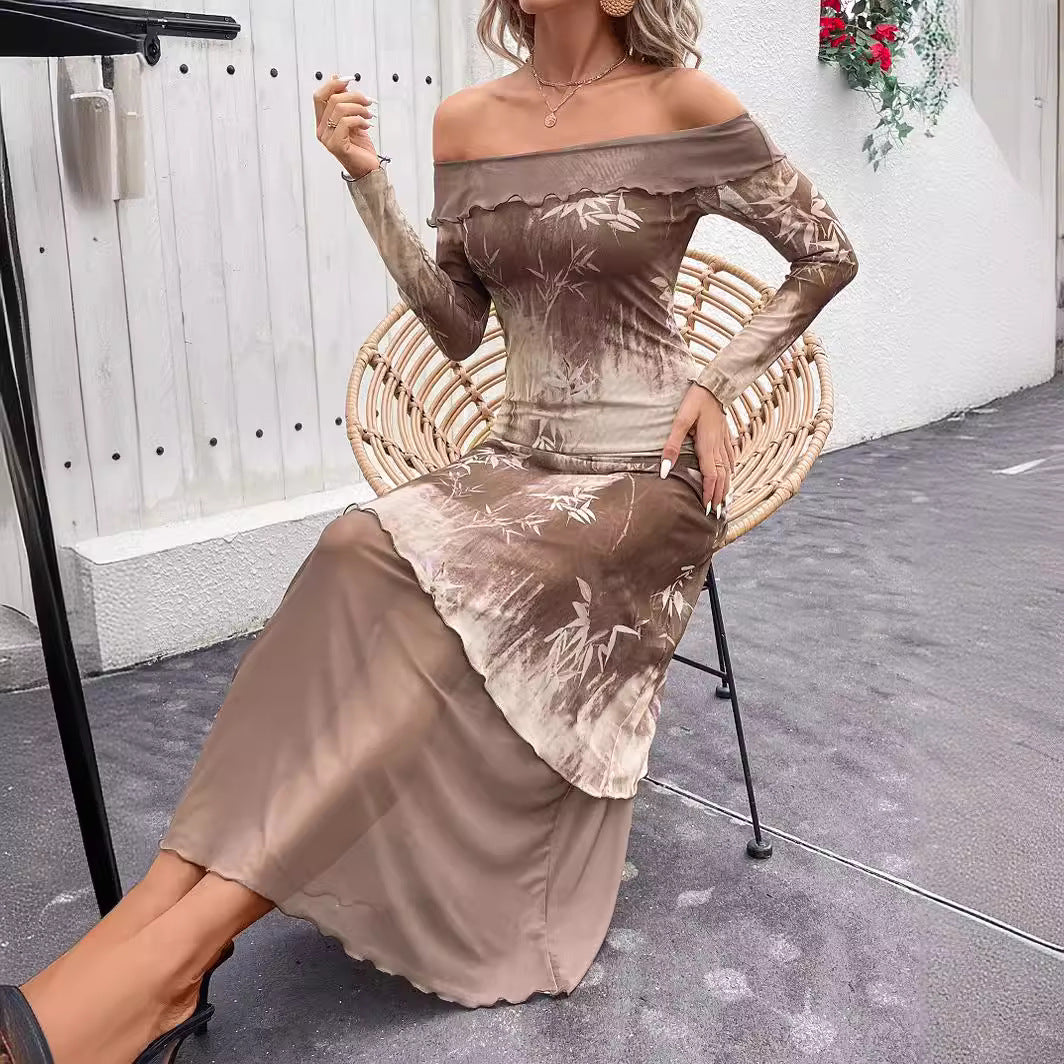 Damen Off-Shoulder Maxikleid mit elegantem Blütenmuster und fließendem Stoff Sovae