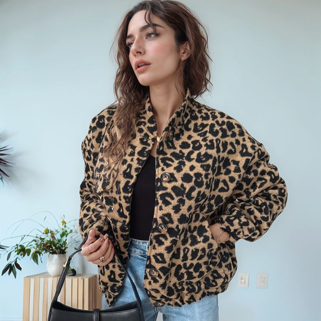 Damen trendige Fleecejacke mit Leopardenmuster Sovae