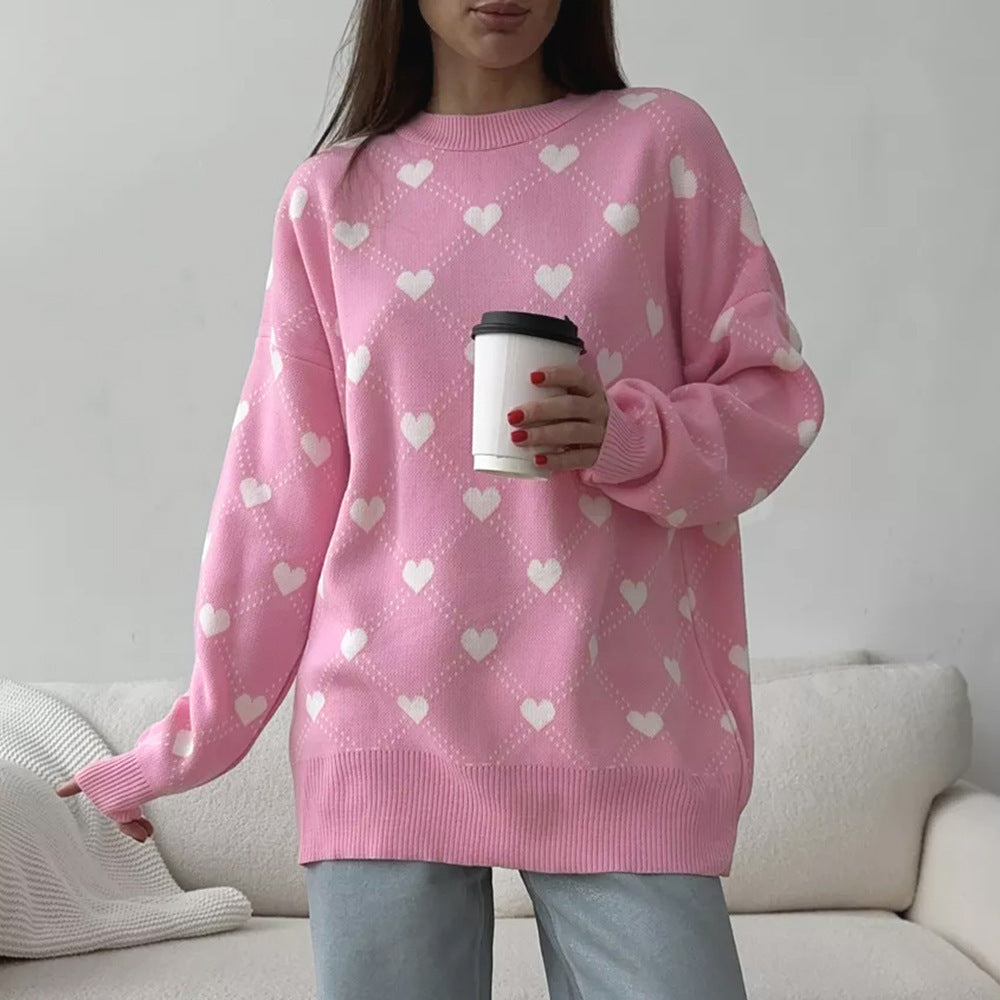 Damen Gemusterter Strickpullover mit Herzmotiv und lässigem Schnitt Sovae