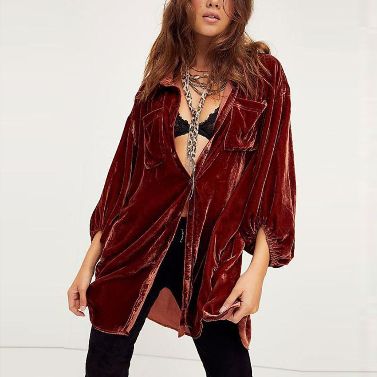Damen Oversized Velourshemd Sovae