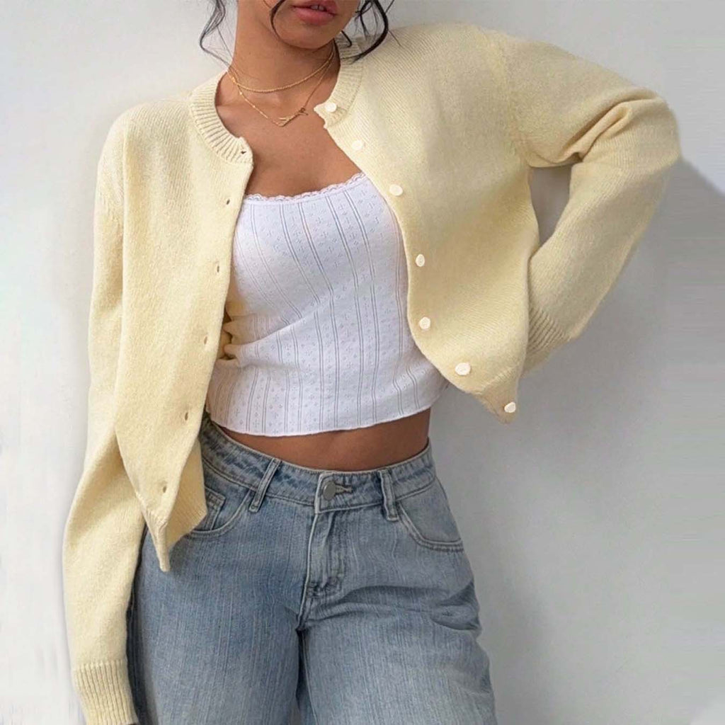 Damen leichte Strickjacke mit Knopfdetails und Rundhalsausschnitt Sovae