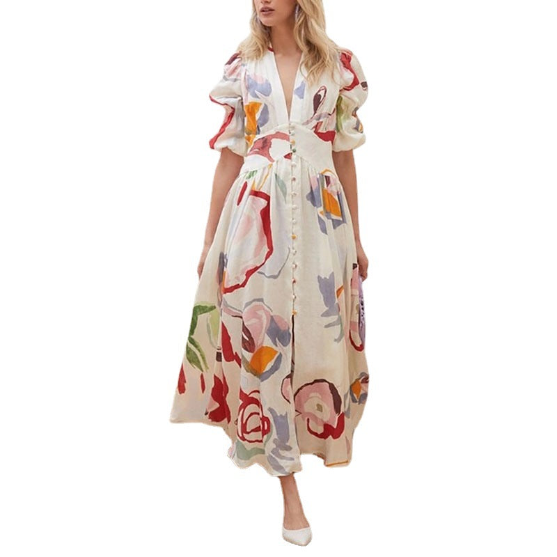 Damen Maxikleid mit voluminösen Ärmeln und floralem Muster Sovae