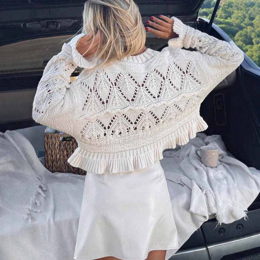 Damen Strickpullover mit Rüschen und Lochmuster Sovae