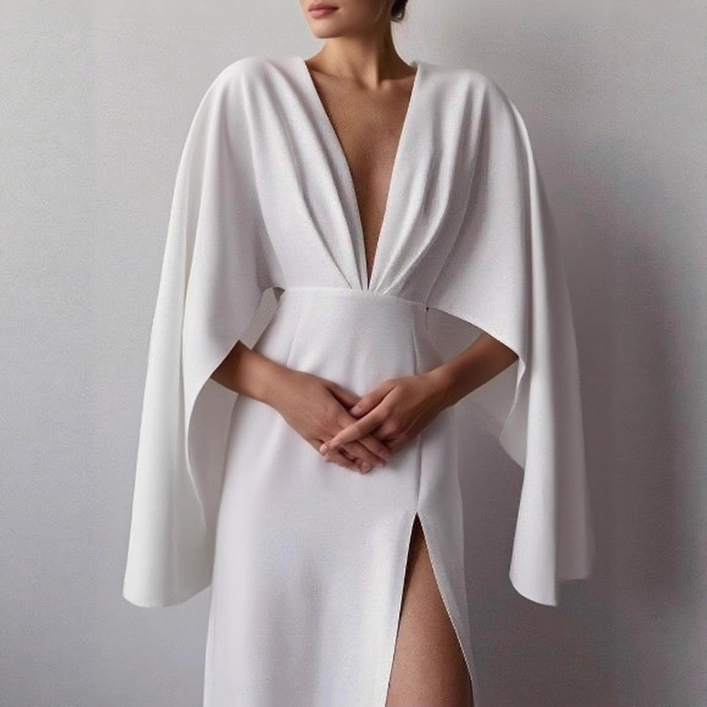 Damen Elegantes Maxikleid mit tiefem V-Ausschnitt und ästhetischen Flügelärmeln Sovae