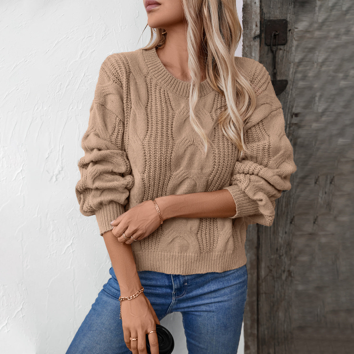 Damen grob gestrickter Pullover mit voluminösen Ärmeln und Zopfmuster Sovae
