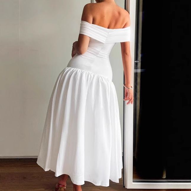 Damen Hochwertiges Off-Shoulder Maxikleid mit tailliertem Schnitt und fließendem Rock Sovae