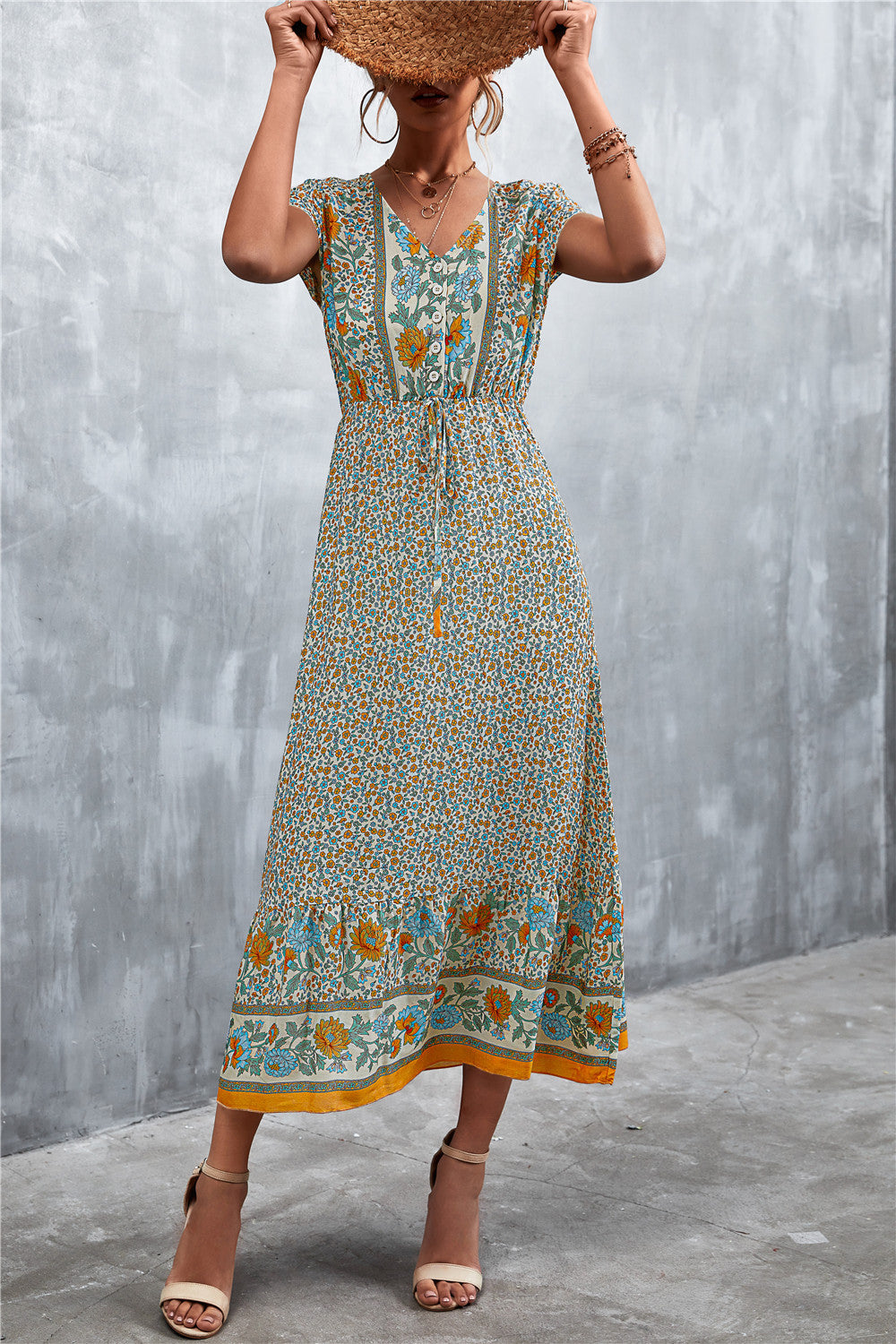 Damen Boho Maxikleid mit floralem Muster und elastischem Taillenzug Sovae
