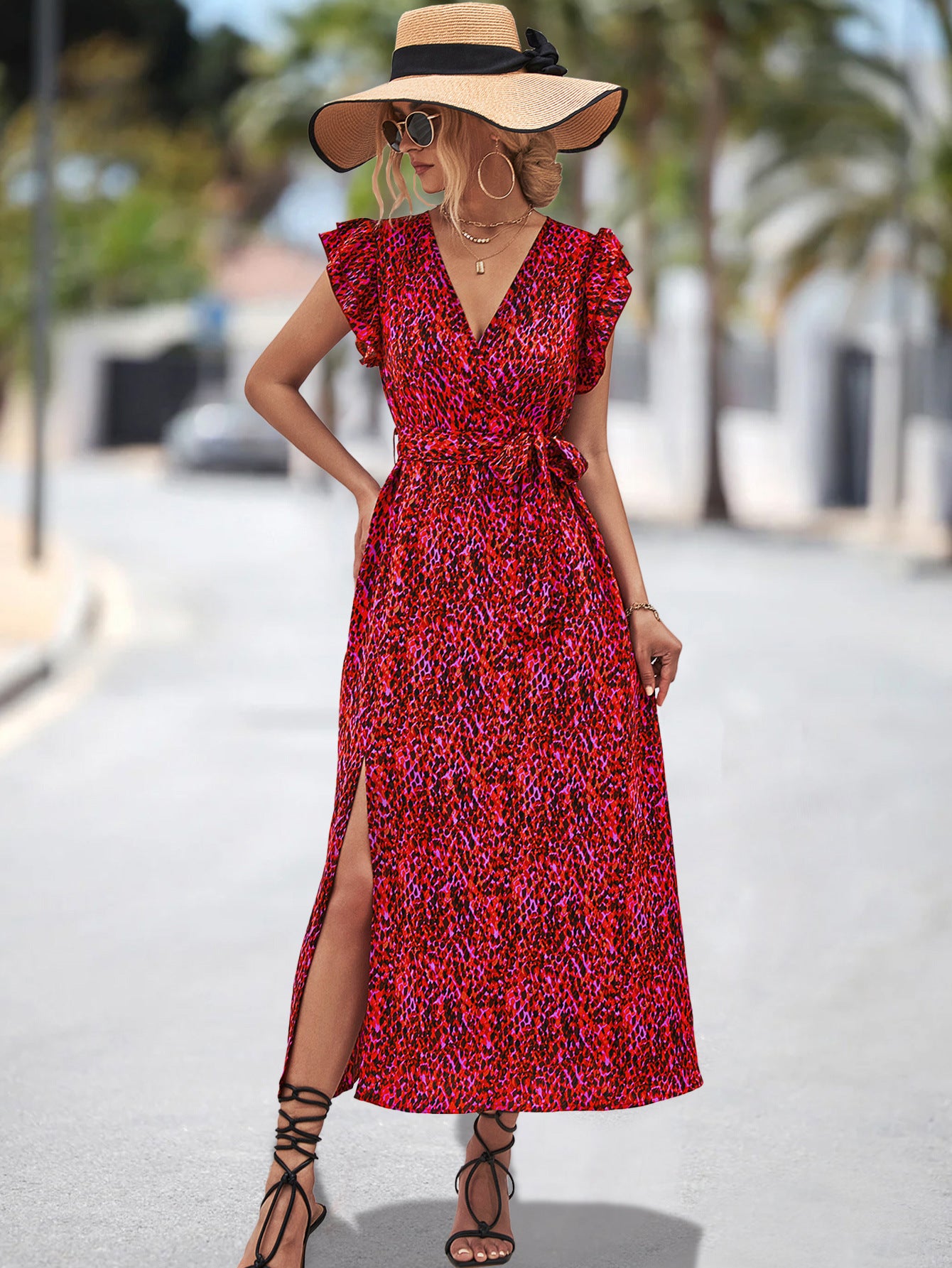 Damen Maxikleid mit voluminösen Rüschen und elastischem Taillenband Sovae