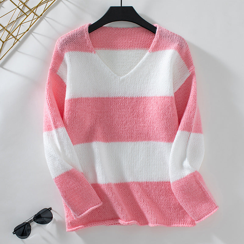 Damen lässiger V-Ausschnitt Strickpullover mit großzügigem Streifenmuster Sovae
