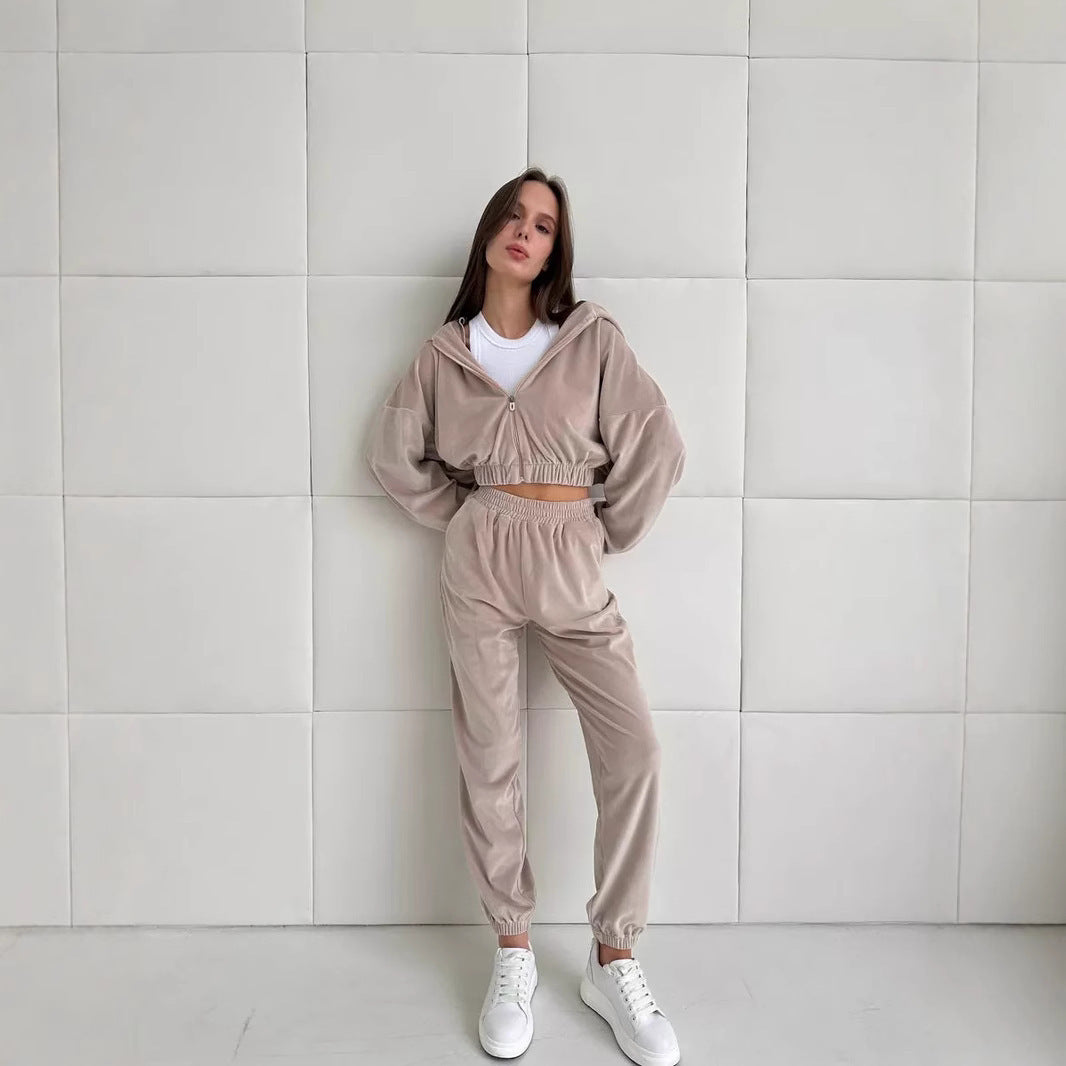 Damen sportlich-eleganter Fleece-Trainingsanzug mit hoher Taille und Reißverschluss Sovae