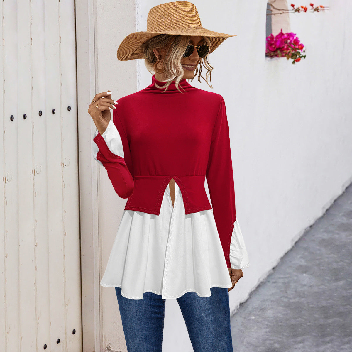 Damen Modisches Hemdblusenshirt mit hohem Kragen und asymmetrischem Schnitt Sovae