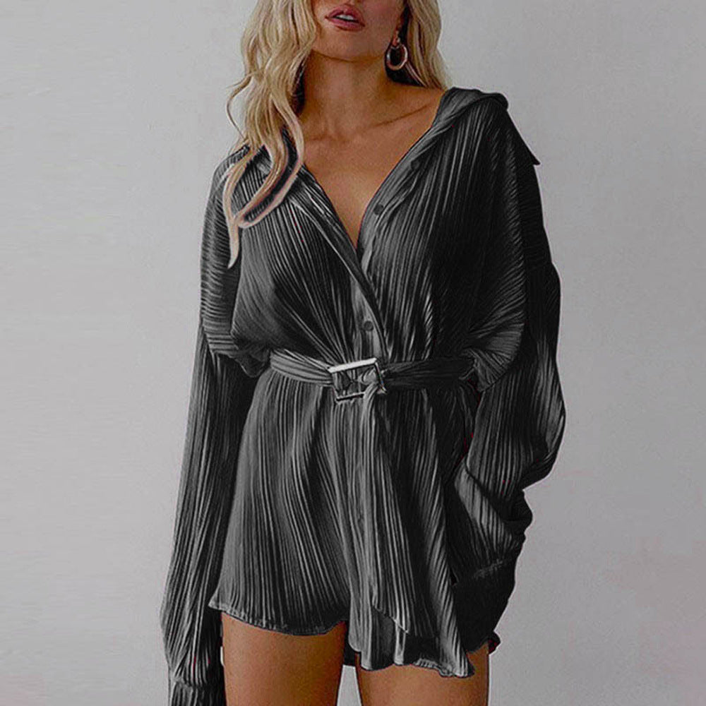 Damen Plissee Hemdblusenkleid mit Gürtel Sovae