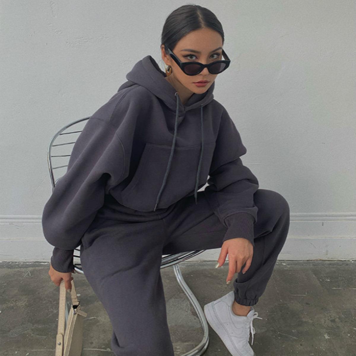Damen Fleece-Jogginganzug mit Oversized-Hoodie und elastischem Bund Sovae