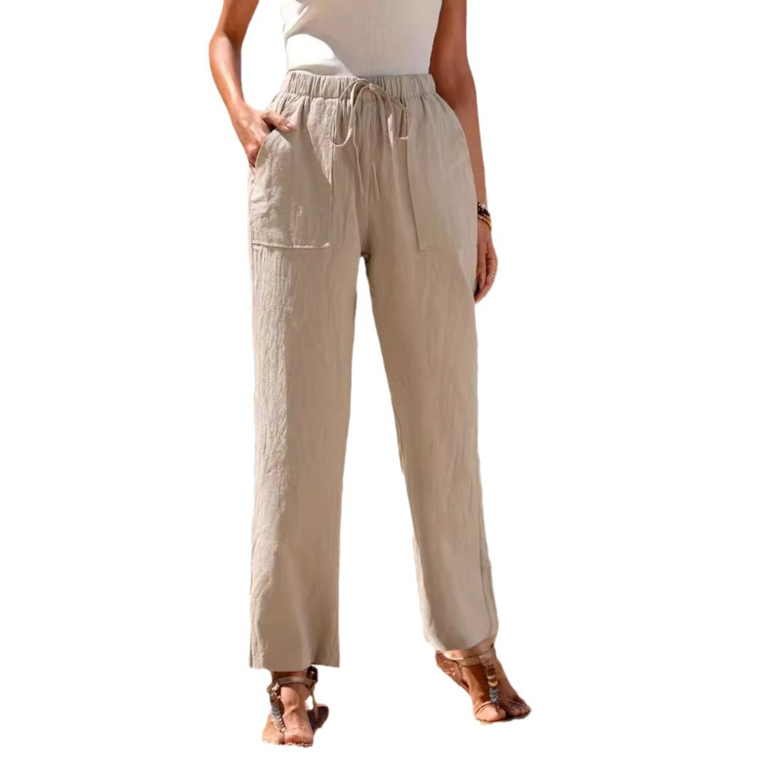 Damen weite Leinenhose mit elastischem Bund und Taschen Sovae