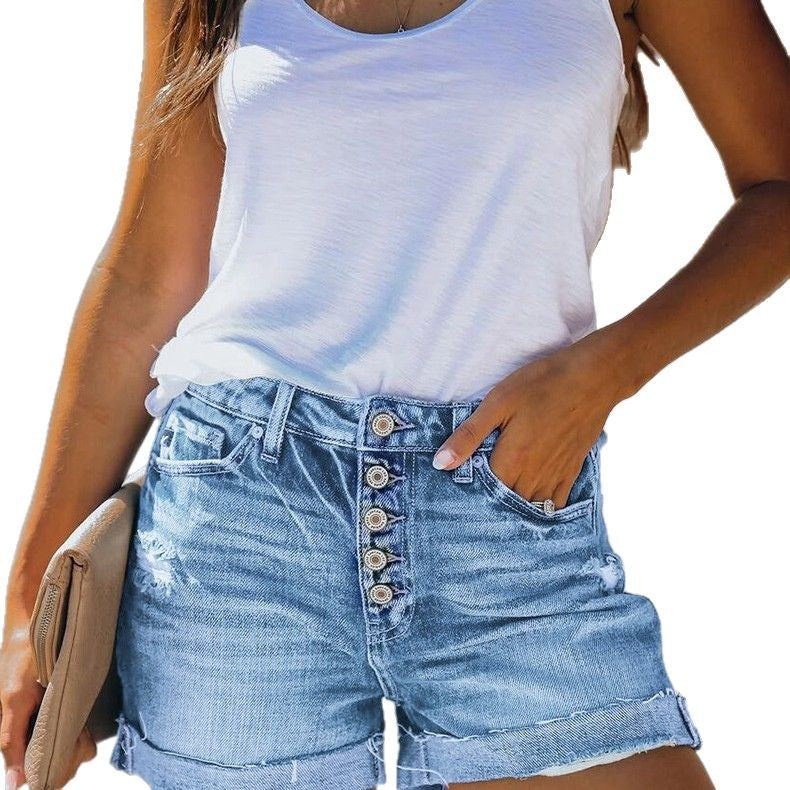 Damen Hochgeschnittene Denim-Shorts mit Knopfleiste Sovae