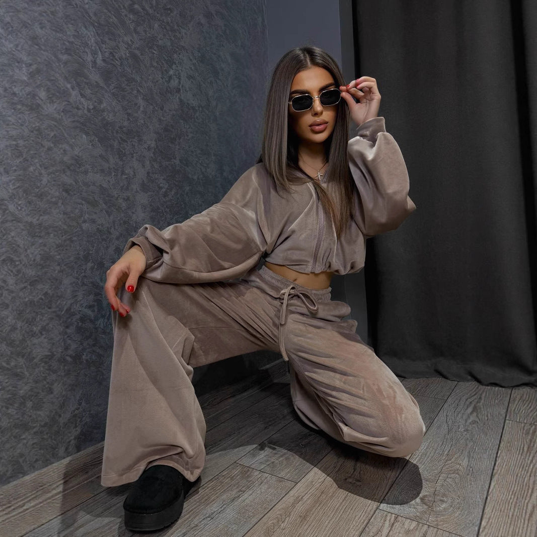 Damen Fleece-Cropped-Loungewear-Set mit weiten Hosen Sovae