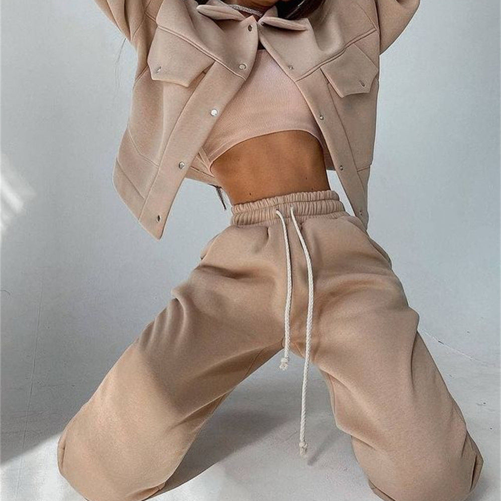 Damen lässiges Fleece-Set mit praktischer Jacke und bequemen Jogginghosen Sovae