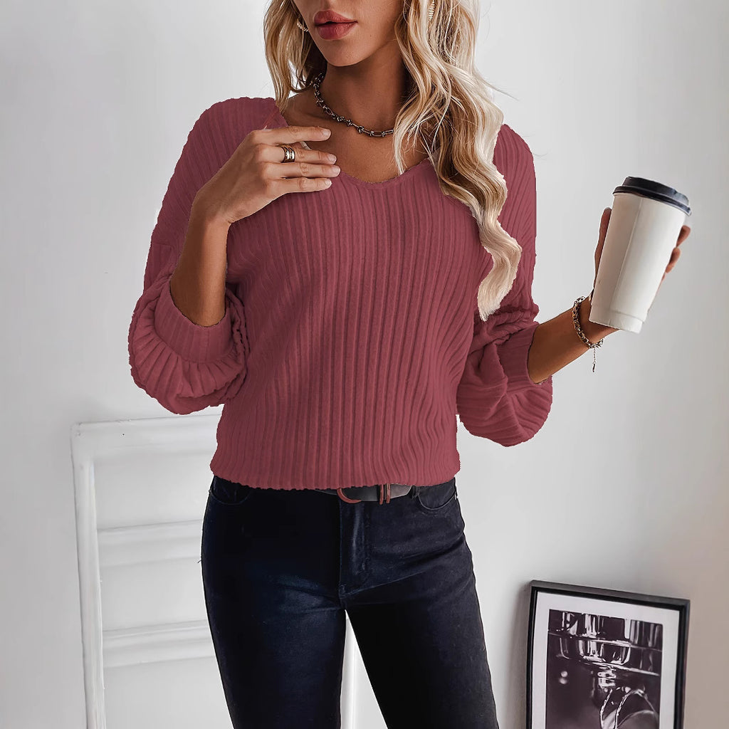 Damen lässiger Rippenpullover mit V-Ausschnitt Sovae