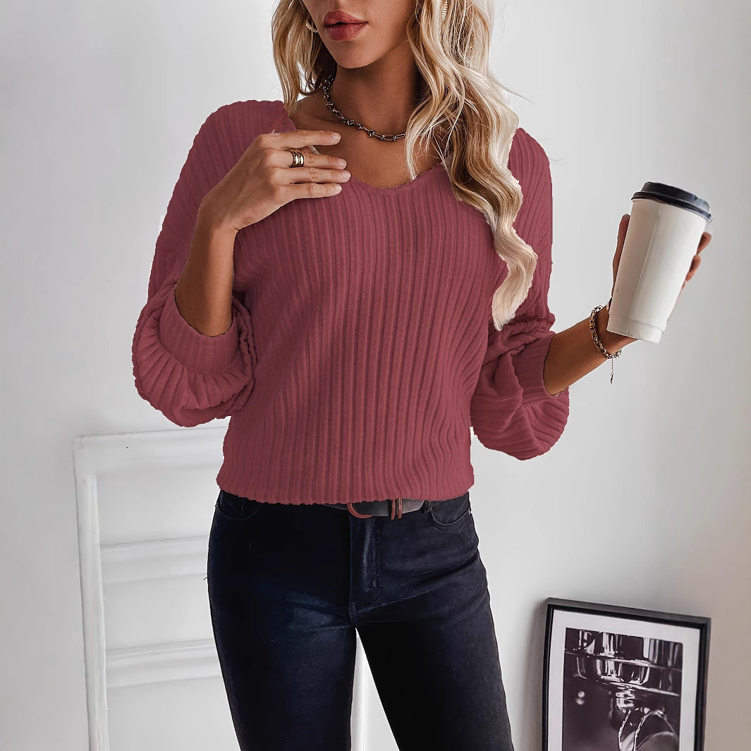 Damen lässiger Rippenpullover mit V-Ausschnitt Sovae