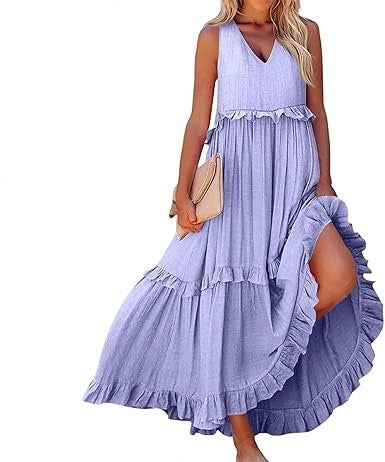 Damen Maxikleid mit Rüschen und V-Ausschnitt Sovae
