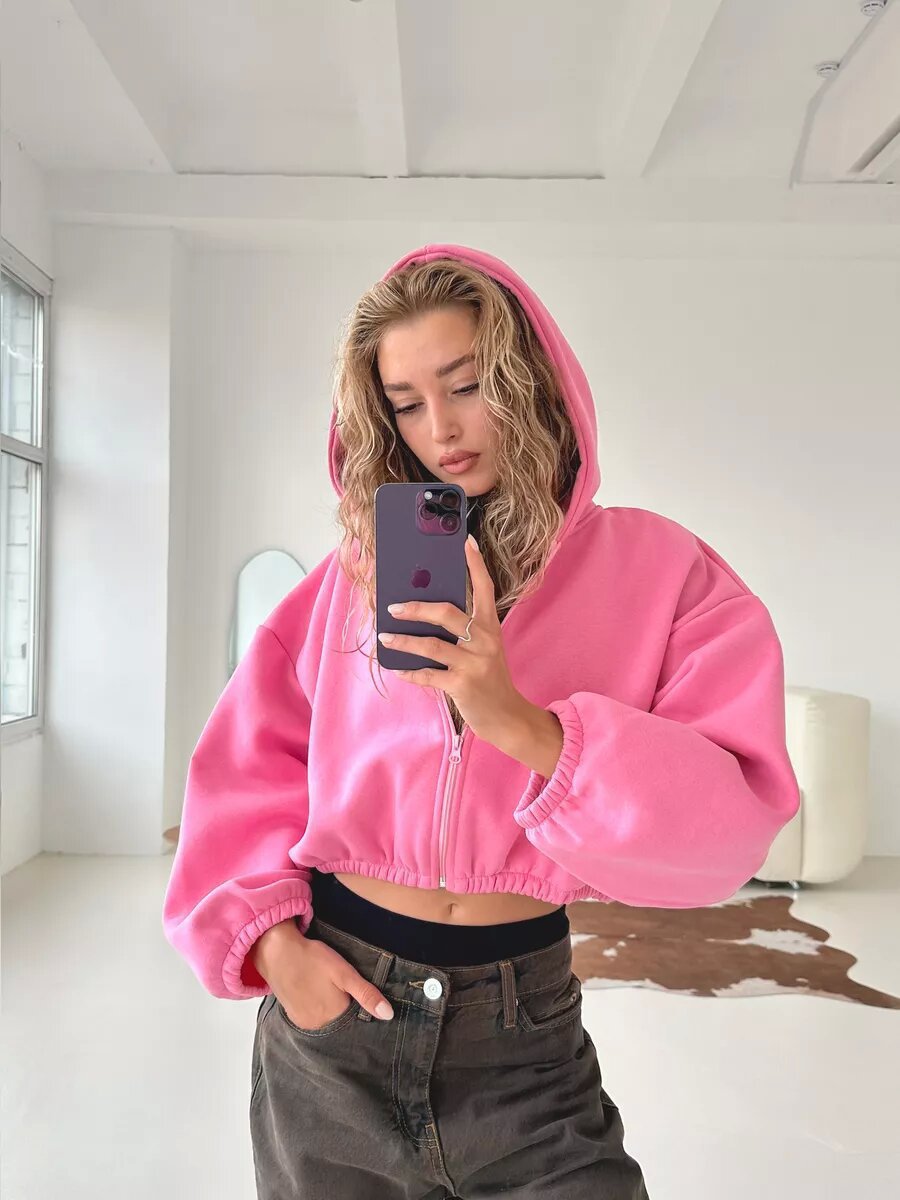 Damen cropped Kapuzenjacke mit Reißverschluss Sovae
