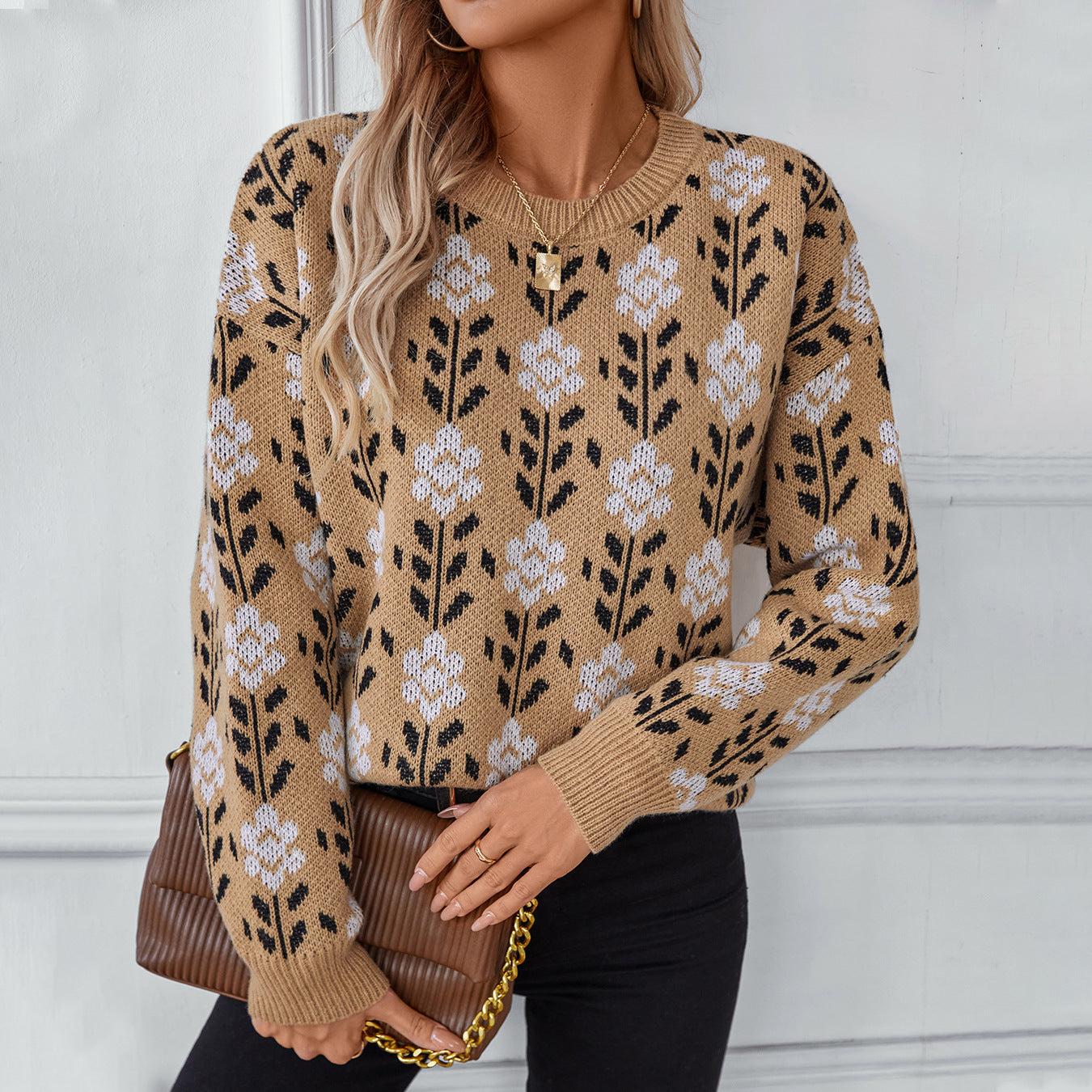Damen lässiger Pullover mit floralem Muster und Rundhalsausschnitt Sovae