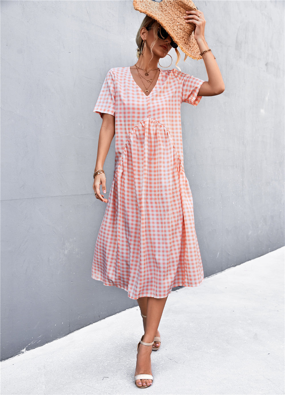 Damen V-Ausschnitt Midikleid mit kariertem Design und ausgestelltem Rock Sovae