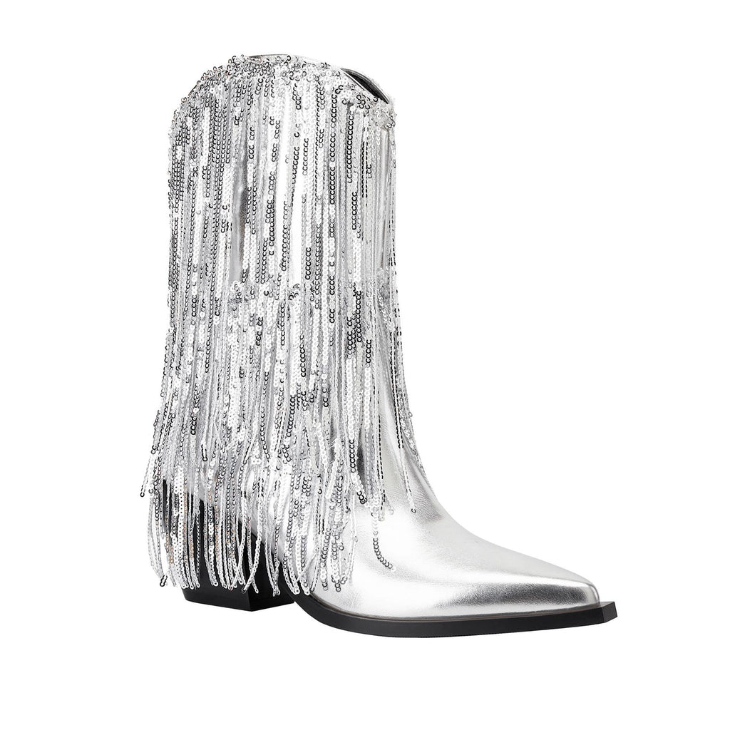Damen Glitzernde Cowboy-Stiefel mit fransigen Applikationen Sovae