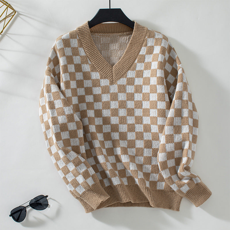 Damen lässiger V-Ausschnitt Pullover mit Karo-Muster und lockerer Passform Sovae